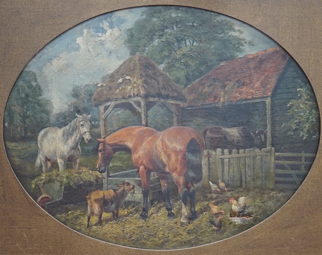 After J. F. Herring (1815-1907), tondo oil on canvas, farmyard scene, 47cm in diameter, maple framed, Condition - poor